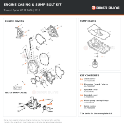 Triumph Sprint GT SE 1050 2015 engine cover and sump casing bolt fitting diagram, with supplied fixings highlighted orange.