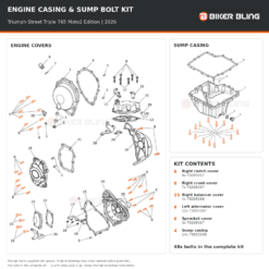 Triumph Street Triple 765 Moto2 Edition 2026 engine cover and sump casing bolt fitting diagram, with supplied bolts highlighted orange.