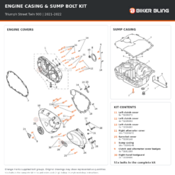 Triumph Street Twin 900 2021–2022 engine cover and sump casing bolt fitting diagram with supplied bolts highlighted orange