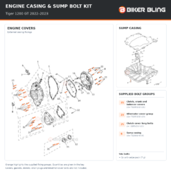 Triumph Tiger 1200 GT 2022–2023 engine cover and sump casing bolt fitting diagram, with supplied bolts highlighted orange.