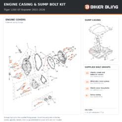 Triumph Tiger 1200 GT Explorer 2022–2026 engine cover and sump casing bolt fitting diagram, with supplied bolts highlighted orange.