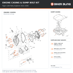 Triumph Tiger 1200 Rally Explorer 2022–2026 engine cover and sump casing bolt fitting diagram, with supplied bolts highlighted orange.
