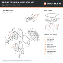 Triumph Tiger 1200 XRT 2018–2021 engine cover and sump casing bolt fitting diagram, with supplied bolts highlighted orange.