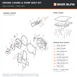 Triumph Tiger 1200 XRx 2018–2021 engine cover and sump casing bolt fitting diagram, with supplied bolts highlighted orange.