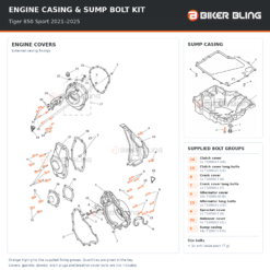 Triumph Tiger 850 Sport 2021–2025 engine cover and sump casing bolt fitting diagram, with supplied bolts highlighted orange.