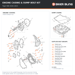 Triumph Tiger 900 2020–2023 engine cover and sump casing bolt fitting diagram, with supplied bolts highlighted orange.