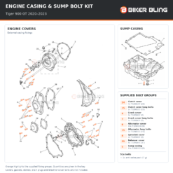Triumph Tiger 900 GT 2020–2023 engine cover and sump casing bolt fitting diagram, with supplied bolts highlighted orange.