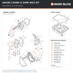 Triumph Tiger 900 GT Low 2020–2023 engine cover and sump casing bolt fitting diagram, with supplied bolts highlighted orange.