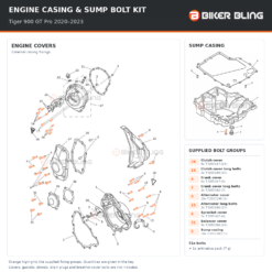 Triumph Tiger 900 GT Pro 2020–2023 engine cover and sump casing bolt fitting diagram, with supplied bolts highlighted orange.