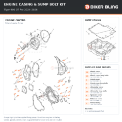 Triumph Tiger 900 GT Pro 2024–2026 engine cover and sump casing bolt fitting diagram, with supplied bolts highlighted orange.