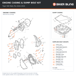 Triumph Tiger 900 Rally Pro 2024–2026 engine cover and sump casing bolt fitting diagram, with supplied bolts highlighted orange.