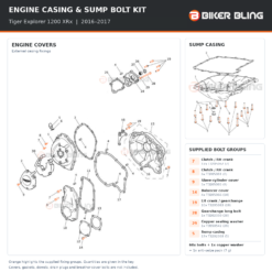 Triumph Tiger Explorer 1200 XRx 2016–2017 engine cover and sump casing bolt fitting diagram, with supplied bolts highlighted orange.