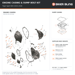 Triumph Tiger Sport 800 2025–2026 engine cover and sump casing bolt fitting diagram, with supplied bolts highlighted orange.