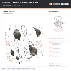 Triumph Tiger Sport 800 Tour 2026 engine cover and sump casing bolt fitting diagram, with supplied bolts highlighted orange.