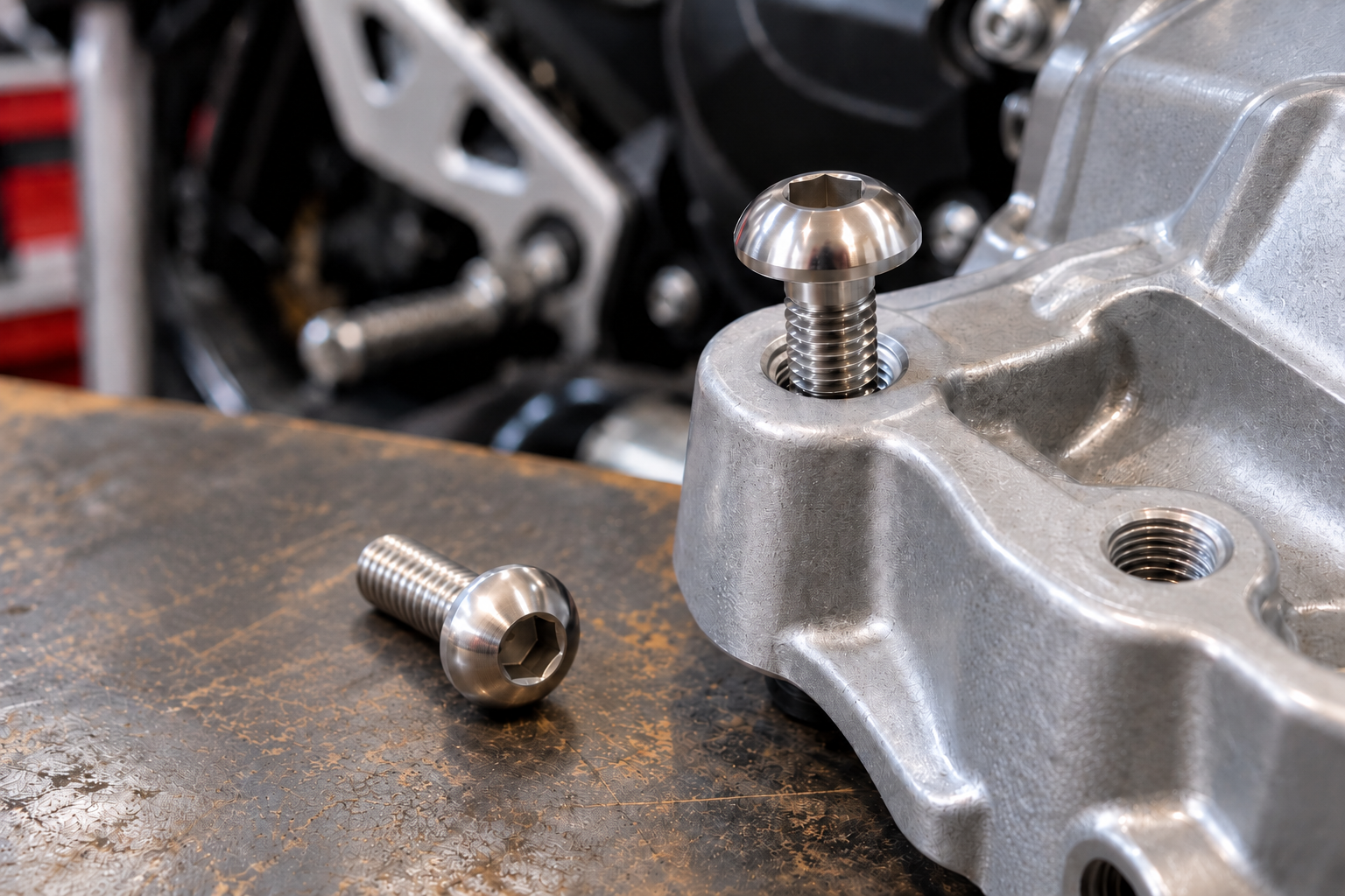 Stainless steel domed motorcycle bolt being fitted into an aluminium threaded component