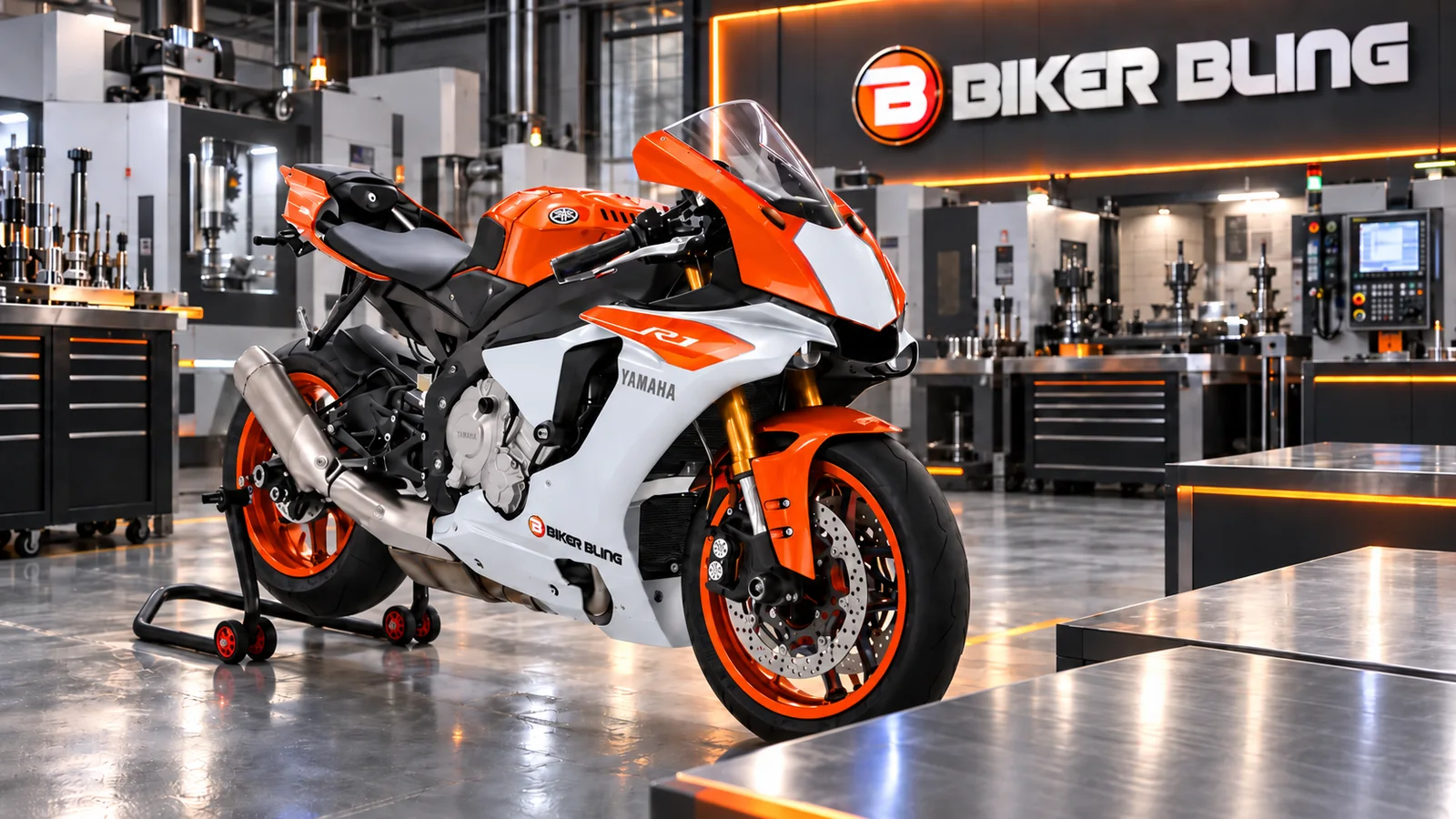 Orange sports motorcycle in a workshop representing Biker Bling motorcycle fasteners