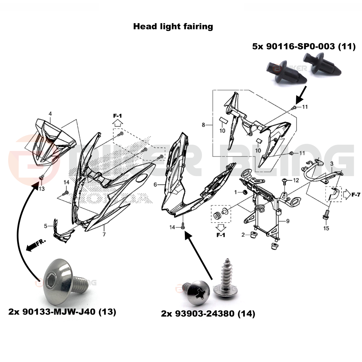 Diagram showing how to fit biker bling screen and nose cone fairing bolt and rubber well nut, plastic clip kit