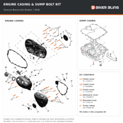 Triumph Bonneville Bobber 2026 engine cover and sump casing bolt fitting diagram, with supplied bolts highlighted orange