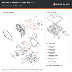 Triumph Bonneville T120 2026 engine cover and sump casing bolt fitting diagram, with supplied bolts highlighted orange