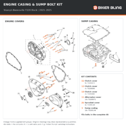 Triumph Bonneville T120 Black 2021–2025 engine cover and sump casing bolt fitting diagram, with supplied bolts highlighted orange
