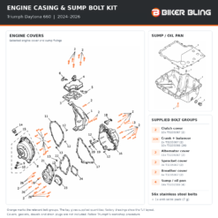 Triumph Daytona 660 2024–2026 engine casing and sump bolt kit fitting diagram with orange bolt highlights and 56x supplied bolt allocation