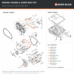 Triumph Scrambler 1200 X 2024–2026 engine cover and sump casing bolt fitting diagram, with supplied bolts highlighted orange