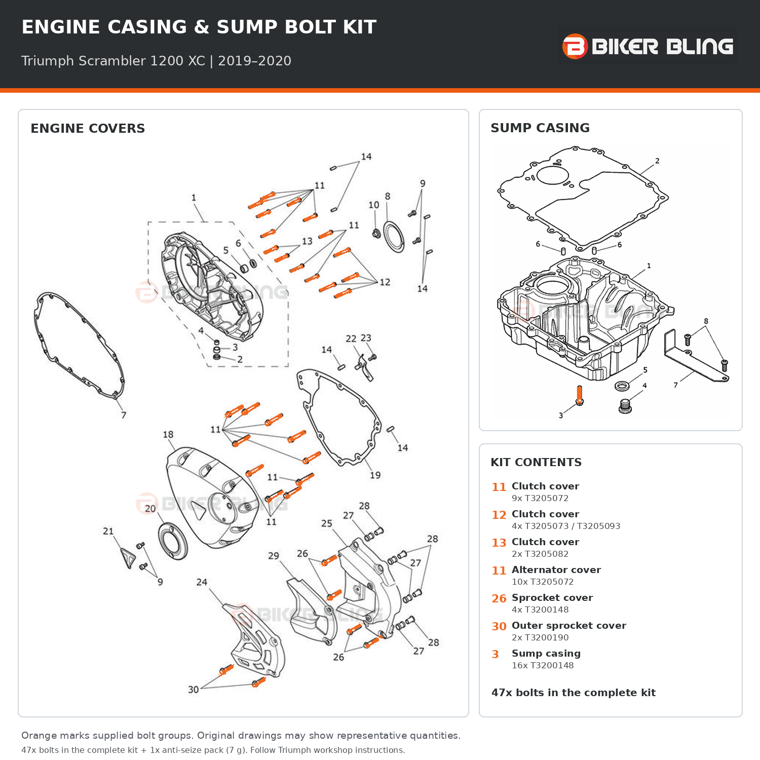Triumph Scrambler 1200 XC 2019–2020 engine cover and sump casing bolt fitting diagram, with supplied bolts highlighted orange