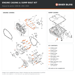 Triumph Scrambler 1200 XC 2021–2023 engine cover and sump casing bolt fitting diagram, with supplied bolts highlighted orange
