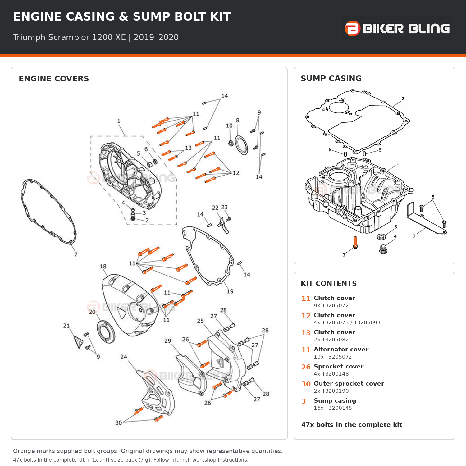 Triumph Scrambler 1200 XE 2019–2020 engine cover and sump casing bolt fitting diagram, with supplied bolts highlighted orange