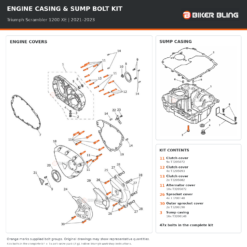 Triumph Scrambler 1200 XE 2021–2023 engine cover and sump casing bolt fitting diagram, with supplied bolts highlighted orange