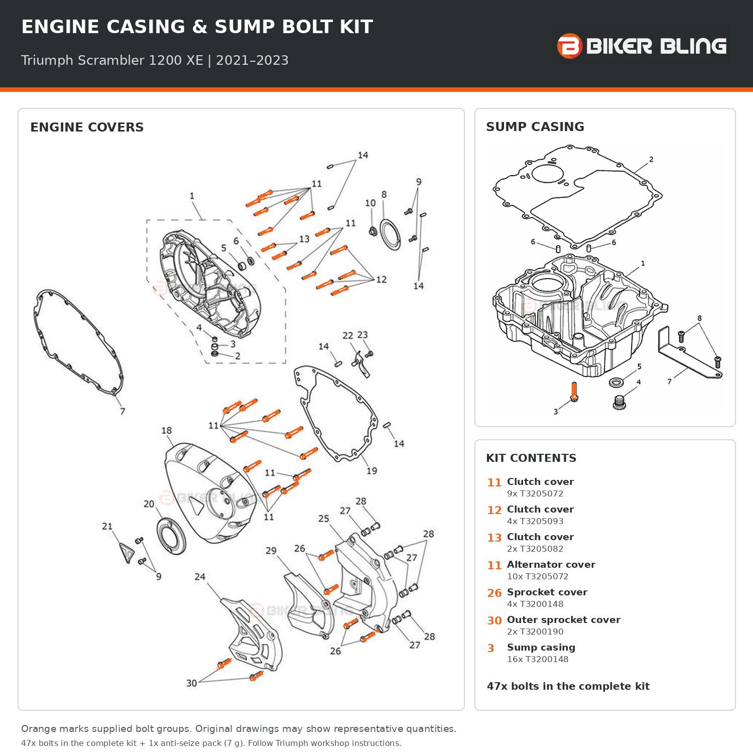 Triumph Scrambler 1200 XE 2021–2023 engine cover and sump casing bolt fitting diagram, with supplied bolts highlighted orange