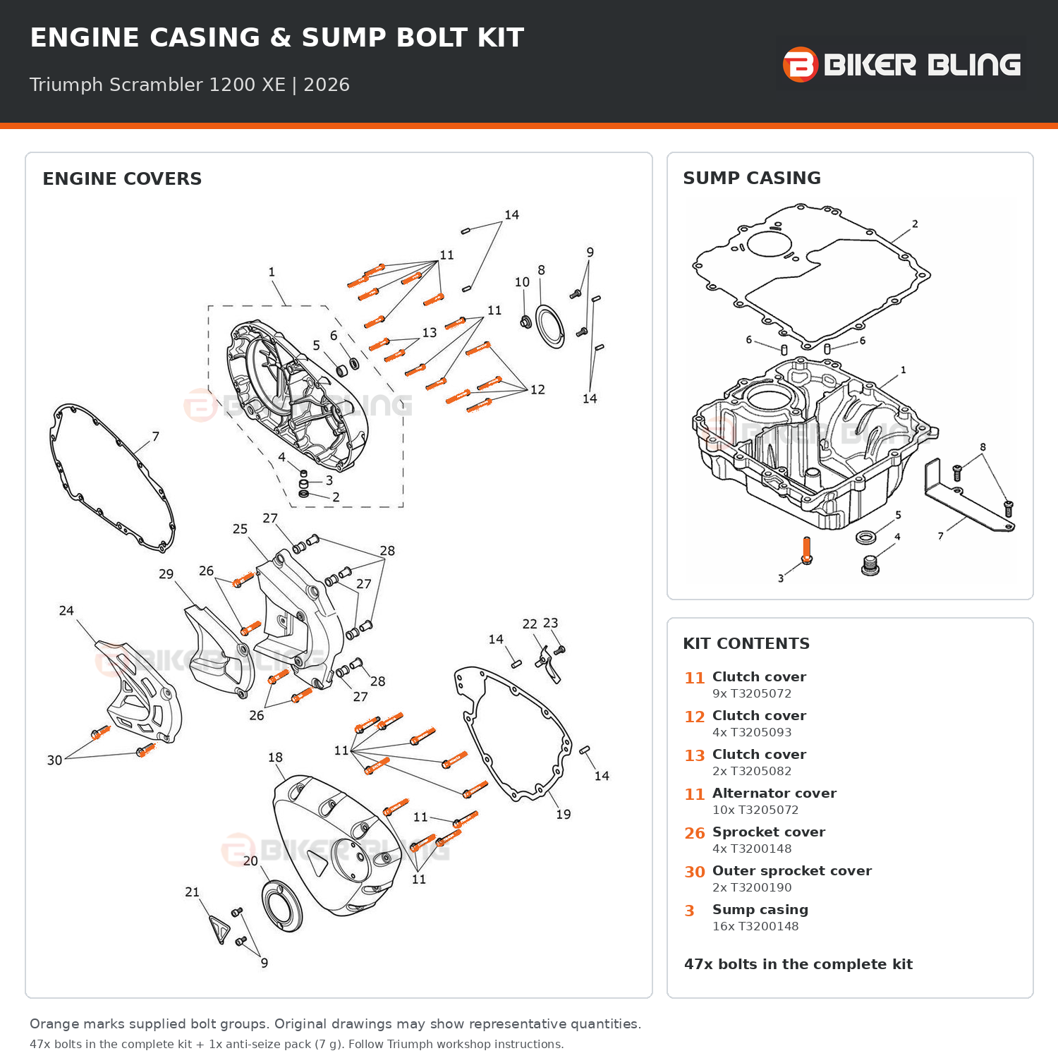 Triumph Scrambler 1200 XE 2026 engine cover and sump casing bolt fitting diagram, with supplied bolts highlighted orang