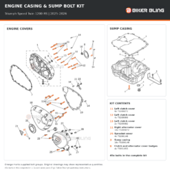 Triumph Speed Twin 1200 RS 2025–2026 engine casing cover bolt fitting diagram with supplied bolts highlighted orange
