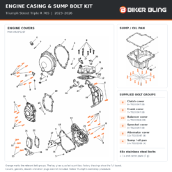 Triumph street triple R 765 2023–2026 engine casing and sump bolt kit fitting diagram with orange bolt highlights