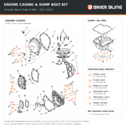Triumph Street Triple S 660 2017–2019 engine casing and sump bolt kit fitting diagram with orange bolt highlights and 48x supplied bolt allocation.