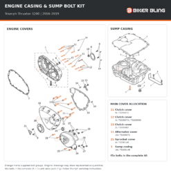 Triumph Thruxton 1200 2016–2019 engine cover and sump casing bolt fitting diagram, with supplied bolts highlighted orange