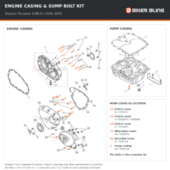 Triumph Thruxton 1200 R 2016–2019 engine cover and sump casing bolt fitting diagram, with supplied bolts highlighted orange