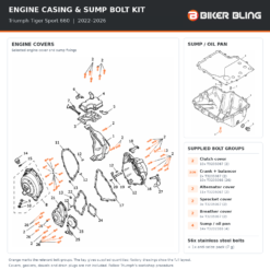 Triumph Tiger Sport 660 2022–2026 engine casing and sump bolt kit fitting diagram with orange bolt highlights and 56x supplied bolt allocation